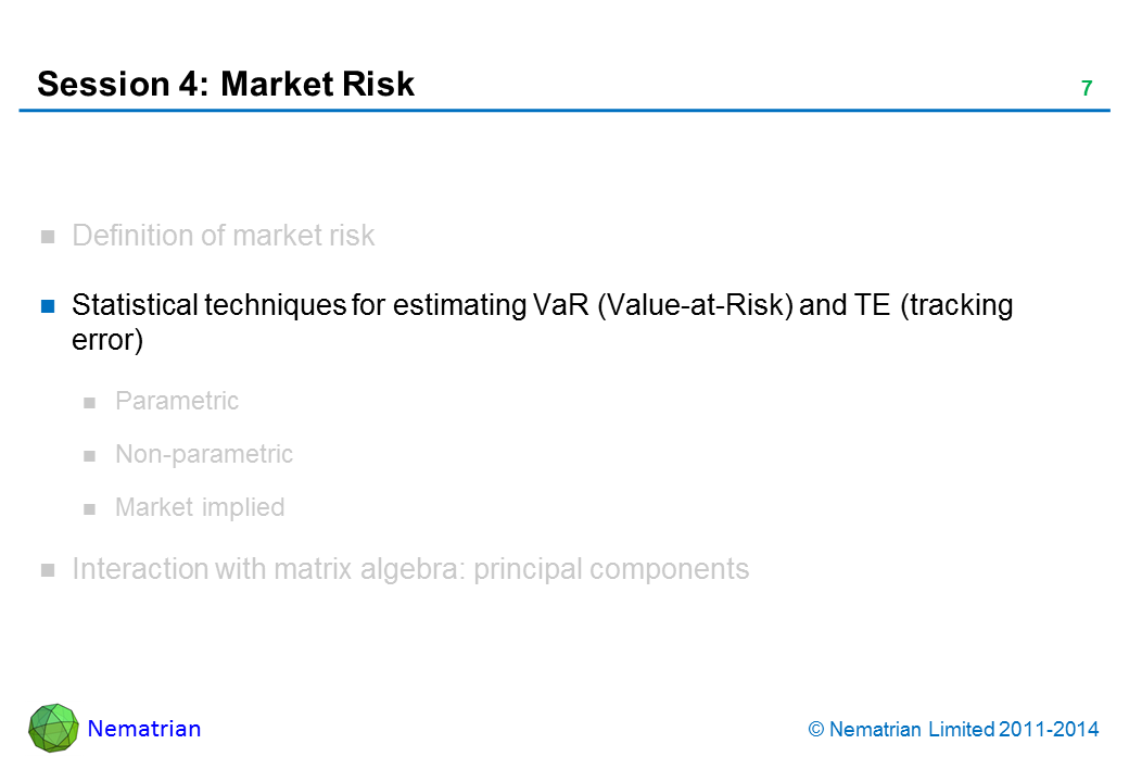 Bullet points include: Statistical techniques for estimating VaR (Value-at-Risk) and TE (tracking error)