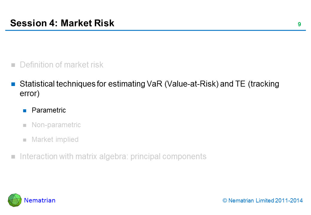 Bullet points include: Statistical techniques for estimating VaR (Value-at-Risk) and TE (tracking error). Parametric.