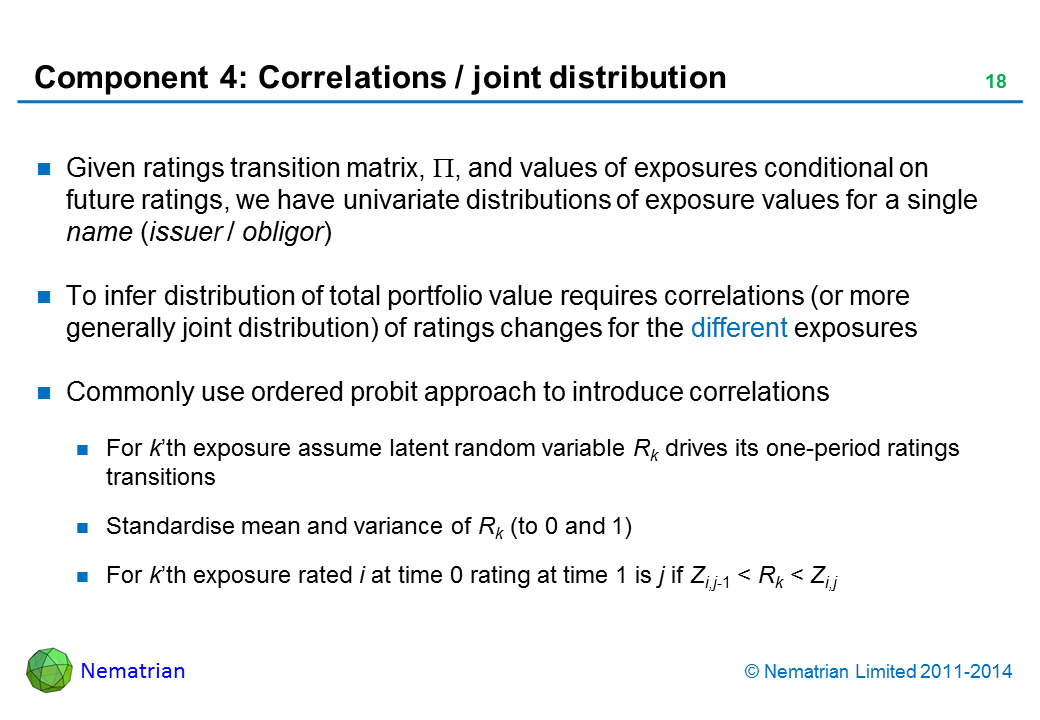 Bullet points include: Given ratings transition matrix, Pi, and values of exposures conditional on future ratings, we have univariate distributions of exposure values for a single name (issuer / obligor). To infer distribution of total portfolio value requires correlations (or more generally joint distribution) of ratings changes for the different exposures. Commonly use ordered probit approach to introduce correlations. For k’th exposure assume latent random variable Rk drives its one-period ratings transitions. Standardise mean and variance of Rk (to 0 and 1). For k’th exposure rated i at time 0 rating at time 1 is j if Zi,j-1 < Rk < Zi,j