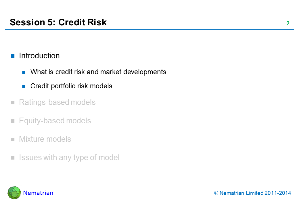 Bullet points include: Introduction. What is credit risk and market developments. Credit portfolio risk models