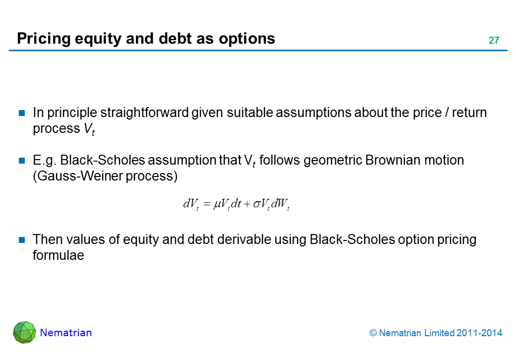 Bullet points include: In principle straightforward given suitable assumptions about the price / return process Vt. E.g. Black-Scholes assumption that Vt follows geometric Brownian motion (Gauss-Weiner process). Then values of equity and debt derivable using Black-Scholes option pricing formulae