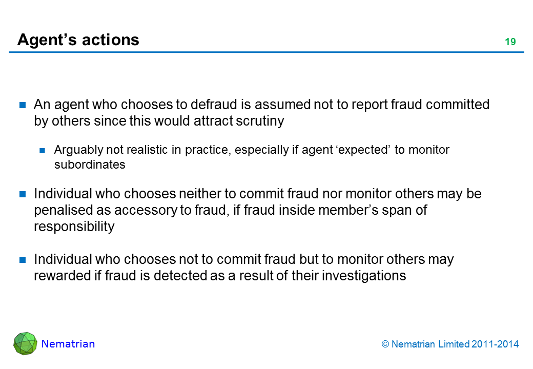 Bullet points include: An agent who chooses to defraud is assumed not to report fraud committed by others since this would attract scrutiny. Arguably not realistic in practice, especially if agent ‘expected’ to monitor subordinates. Individual who chooses neither to commit fraud nor monitor others may be penalised as accessory to fraud, if fraud inside member’s span of responsibility. Individual who chooses not to commit fraud but to monitor others may rewarded if fraud is detected as a result of their investigations