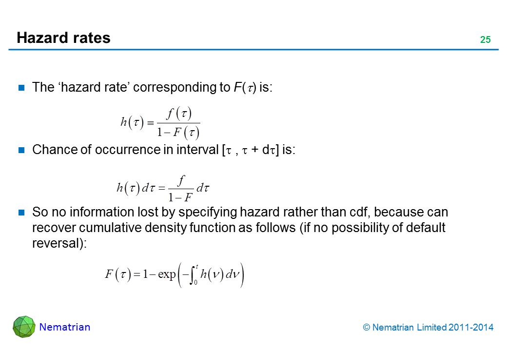 Bullet points include: The ‘hazard rate’ corresponding to F(tau) is: Chance of occurrence in interval [tau , tau + d tau] is: So no information lost by specifying hazard rather than cdf, because can recover cumulative density function as follows (if no possibility of default reversal):