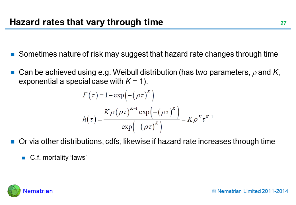 Bullet points include: Sometimes nature of risk may suggest that hazard rate changes through time. Can be achieved using e.g. Weibull distribution (has two parameters, rho and K, exponential a special case with K = 1): Or via other distributions, cdfs; likewise if hazard rate increases through time, C.f. mortality ‘laws’