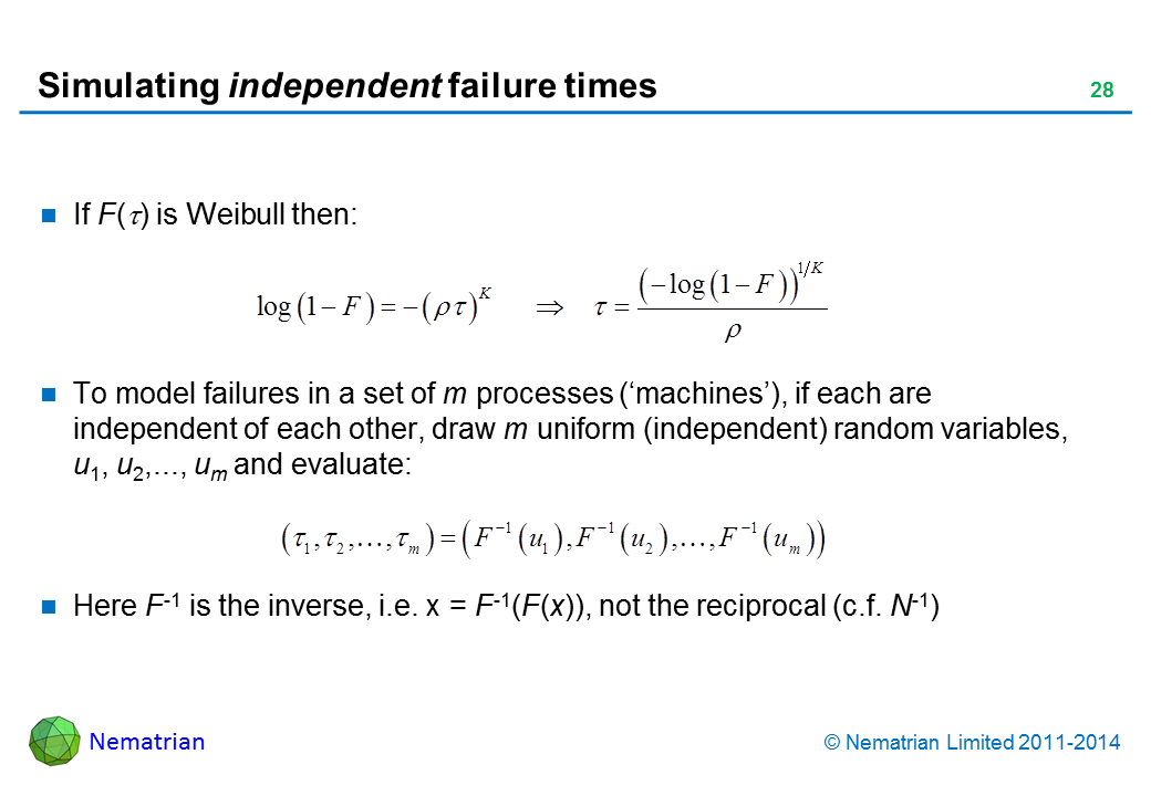Bullet points include: If F(tau) is Weibull then: To model failures in a set of m processes (‘machines’), if each are independent of each other, draw m uniform (independent) random variables, u1, u2,..., um and evaluate: Here F-1 is the inverse, i.e. x = F-1(F(x)), not the reciprocal (c.f. N-1)