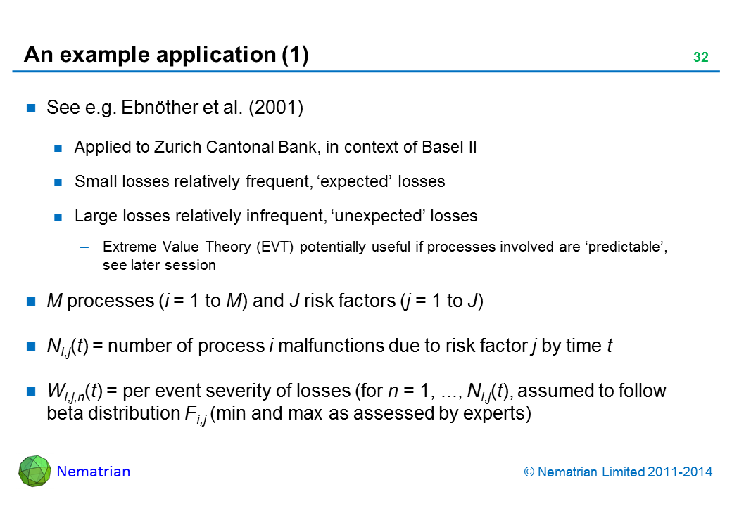 Bullet points include: See e.g. Ebnöther et al. (2001). Applied to Zurich Cantonal Bank, in context of Basel II. Small losses relatively frequent, ‘expected’ losses. Large losses relatively infrequent, ‘unexpected’ losses. Extreme Value Theory (EVT) potentially useful if processes involved are ‘predictable’, see later lecture. M processes (i = 1 to M) and J risk factors (j = 1 to J). Ni,j(t) = number of process i malfunctions due to risk factor j by time t. Wi,j,n(t) = per event severity of losses (for n = 1, ..., Ni,j(t), assumed to follow beta distribution Fi,j (min and max as assessed by experts)