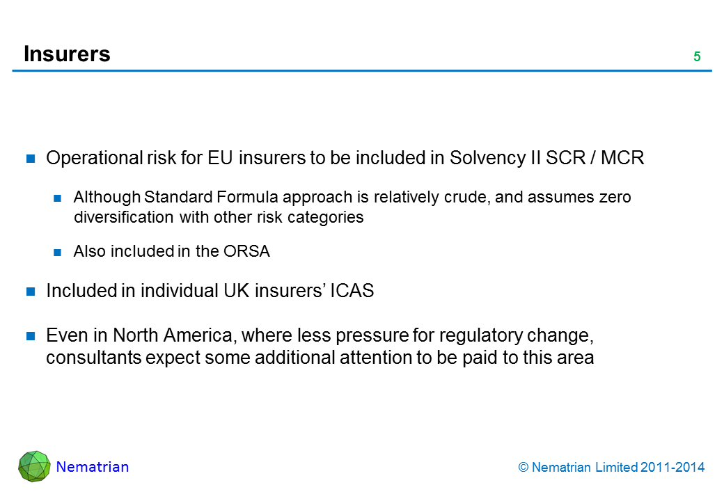 Bullet points include: Operational risk for EU insurers to be included in Solvency II SCR / MCR. Although Standard Formula approach is relatively crude, and assumes zero diversification with other risk categories. Also included in the ORSA. Included in individual UK insurers’ ICAS. Even in North America, where less pressure for regulatory change, consultants expect some additional attention to be paid to this area