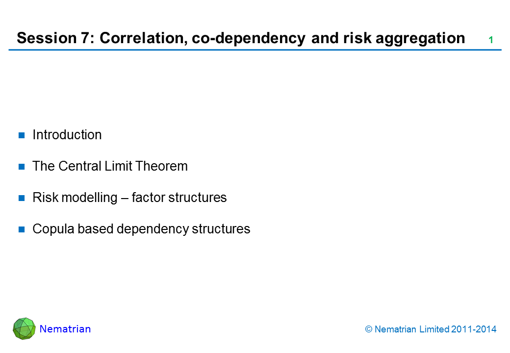 Bullet points include: Introduction. The Central Limit Theorem. Risk modelling – factor structures. Copula based dependency structures
