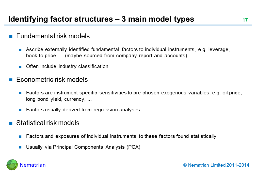 Bullet points include: Fundamental risk models. Ascribe externally identified fundamental factors to individual instruments, e.g. leverage, book to price, ... (maybe sourced from company report and accounts). Often include industry classification. Econometric risk models. Factors are instrument-specific sensitivities to pre-chosen exogenous variables, e.g. oil price, long bond yield, currency, ... Factors usually derived from regression analyses. Statistical risk models. Factors and exposures of individual instruments to these factors found statistically. Usually via Principal Components Analysis (PCA)