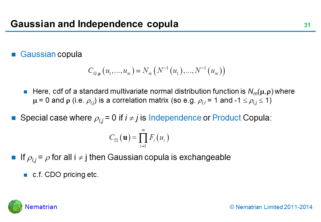 Bullet points include: Gaussian copula. Here, cdf of a standard multivariate normal distribution function is Nm(mu,rho) where mu = 0 and rho (i.e. rho i,j) is a correlation matrix (so e.g. rho i,i = 1 and -1 <= rhoi,j <= 1). Special case where rho i,j = 0 if i <> j is Independence or Product Copula: If rho i,j = rho for all i <> j then Gaussian copula is exchangeable. c.f. CDO pricing etc.