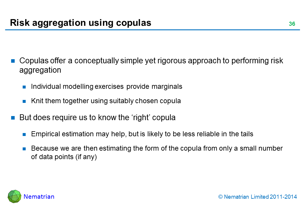 Bullet points include: Copulas offer a conceptually simple yet rigorous approach to performing risk aggregation. Individual modelling exercises provide marginal. Knit them together using suitably chosen copula. But does require us to know the ‘right’ copula. Empirical estimation may help, but is likely to be less reliable in the tails. Because we are then estimating the form of the copula from only a small number of data points (if any)