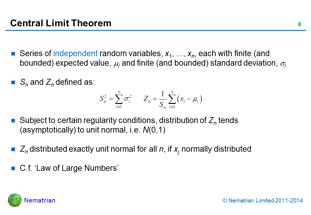 Bullet points include: Series of independent random variables, x1, ..., xn, each with finite (and bounded) expected value, mu i and finite (and bounded) standard deviation, sigma i. Sn and Zn defined as: Subject to certain regularity conditions, distribution of Zn tends (asymptotically) to unit normal, i.e. N(0,1). Zn distributed exactly unit normal for all n, if xj normally distributed. C.f. ‘Law of Large Numbers’