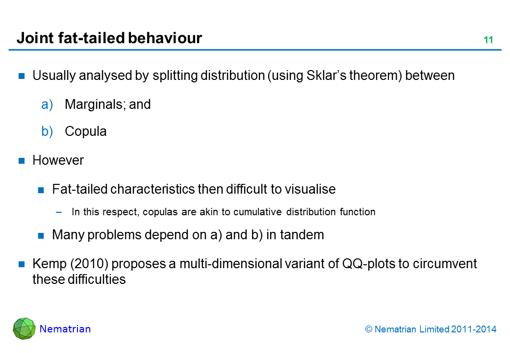 Bullet points include: Usually analysed by splitting distribution (using Sklar’s theorem) between Marginals; and Copula. However, Fat-tailed characteristics then difficult to visualise. In this respect, copulas are akin to cumulative distribution function. Many problems depend on a) and b) in tandem. Kemp (2010) proposes a multi-dimensional variant of QQ-plots to circumvent these difficulties