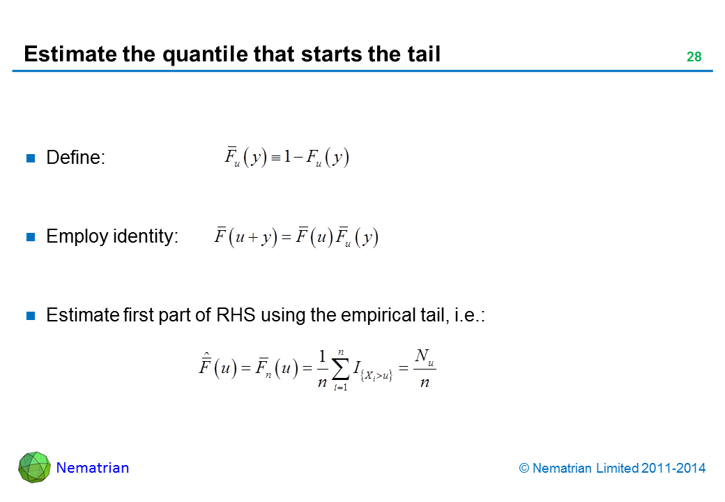 Bullet points include: Define: Employ identity: Estimate first part of RHS using the empirical tail, i.e.: