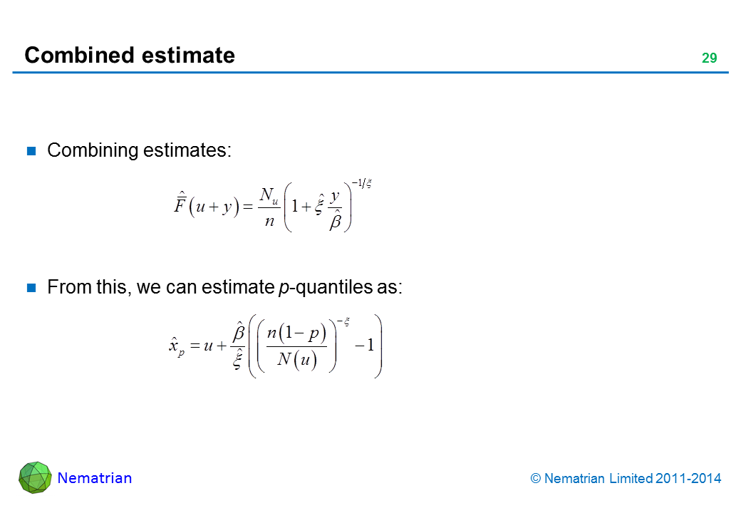 Bullet points include: Combining estimates: From this, we can estimate p-quantiles as: