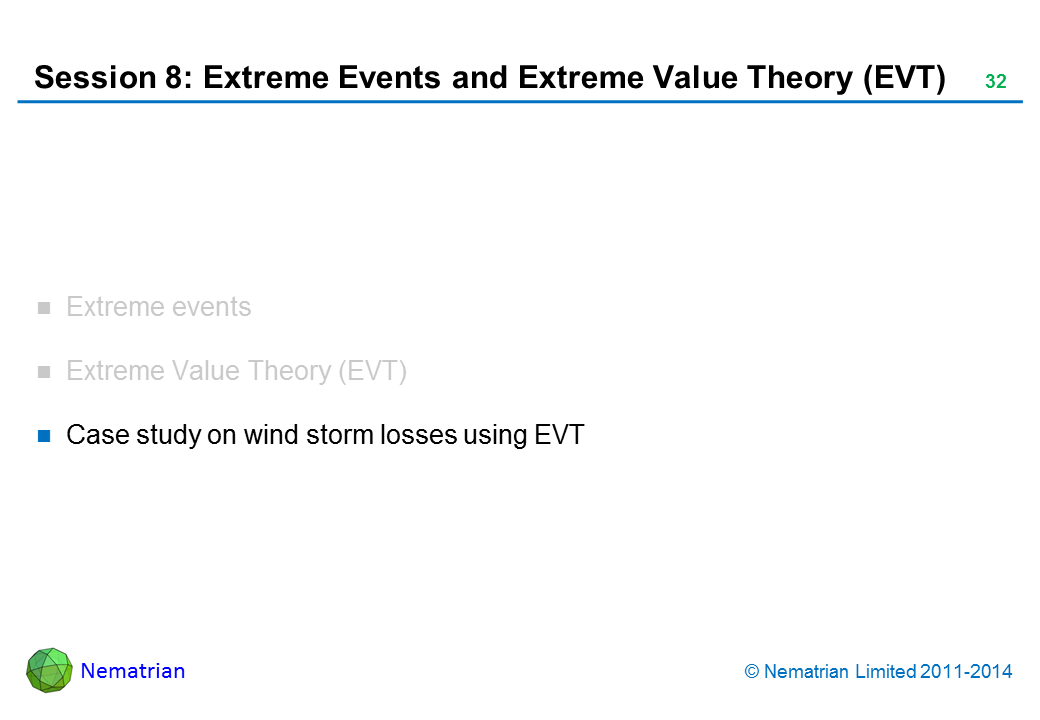 Bullet points include: Case study on wind storm losses using EVT