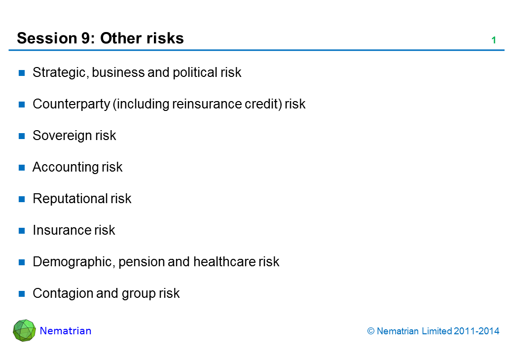 Bullet points include: Strategic, business and political risk. Counterparty (including reinsurance credit) risk. Sovereign risk. Accounting risk. Reputational risk. Insurance risk. Demographic, pension and healthcare risk. Contagion and group risk