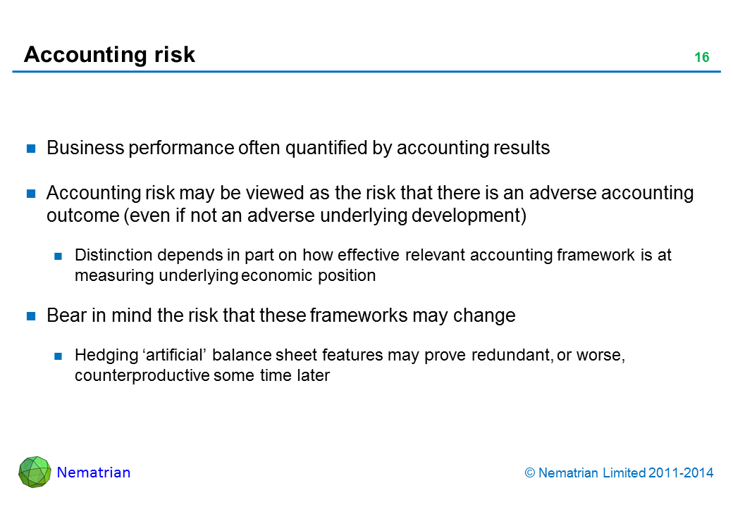 Bullet points include: Business performance often quantified by accounting results. Accounting risk may be viewed as the risk that there is an adverse accounting outcome (even if not an adverse underlying development). Distinction depends in part on how effective relevant accounting framework is at measuring underlying economic position. Bear in mind the risk that these frameworks may change. Hedging ‘artificial’ balance sheet features may prove redundant, or worse, counterproductive some time later