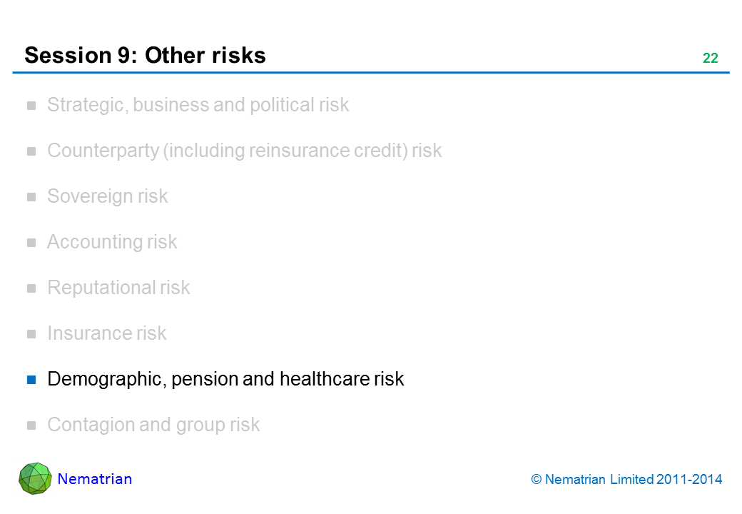 Bullet points include: Demographic, pension and healthcare risk