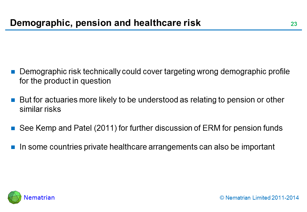 Bullet points include: Demographic risk technically could cover targeting wrong demographic profile for the product in question. But for actuaries more likely to be understood as relating to pension or other similar risks. See Kemp and Patel (2011) for further discussion of ERM for pension funds. In some countries private healthcare arrangements can also be important