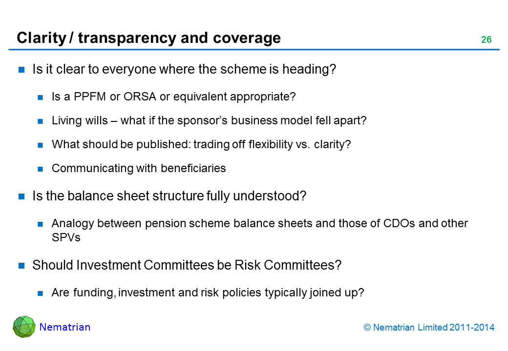 Bullet points include: Is it clear to everyone where the scheme is heading? Is a PPFM or ORSA or equivalent appropriate? Living wills – what if the sponsor’s business model fell apart? What should be published: trading off flexibility vs. clarity? Communicating with beneficiaries. Is the balance sheet structure fully understood? Analogy between pension scheme balance sheets and those of CDOs and other SPVs. Should Investment Committees be Risk Committees? Are funding, investment and risk policies typically joined up?