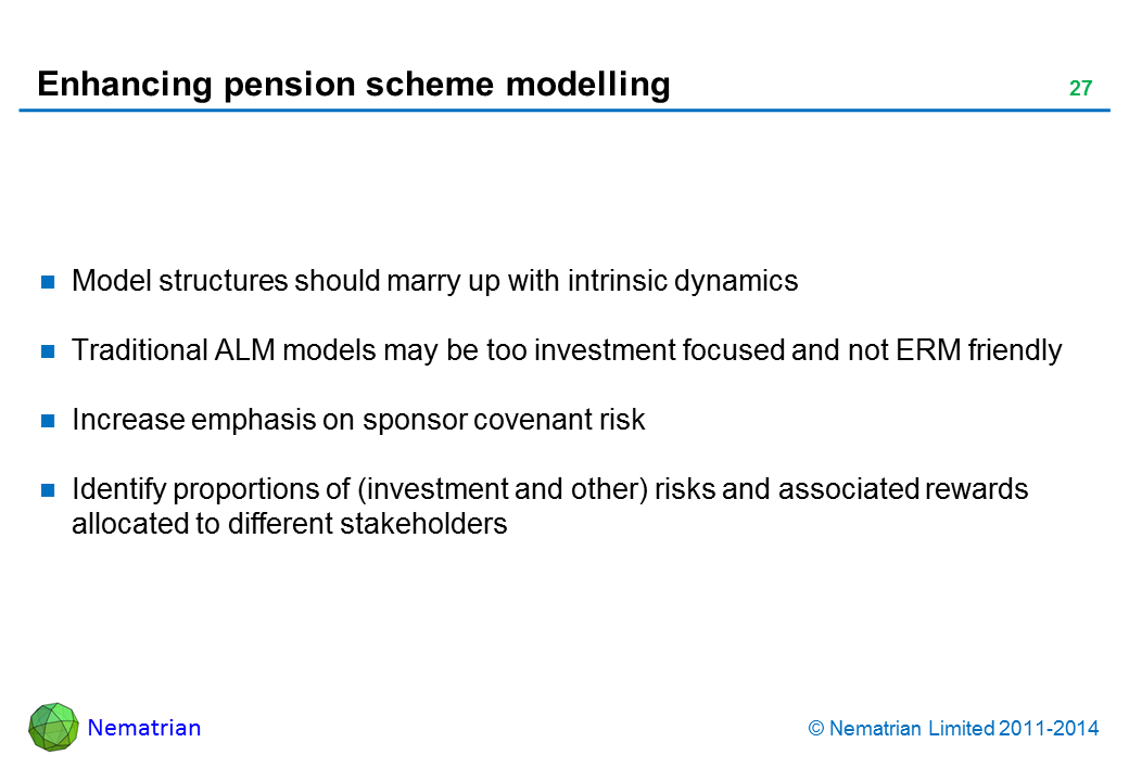 Bullet points include: Model structures should marry up with intrinsic dynamics. Traditional ALM models may be too investment focused and not ERM friendly. Increase emphasis on sponsor covenant risk. Identify proportions of (investment and other) risks and associated rewards allocated to different stakeholders