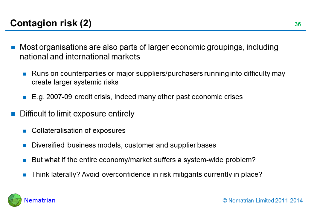 Bullet points include: Most organisations are also parts of larger economic groupings, including national and international markets. Runs on counterparties or major suppliers/purchasers running into difficulty may create larger systemic risks. E.g. 2007-09 credit crisis, indeed many other past economic crises. Difficult to limit exposure entirely. Collateralisation of exposures. Diversified business models, customer and supplier bases. But what if the entire economy/market suffers a system-wide problem? Think laterally? Avoid overconfidence in risk mitigants currently in place?