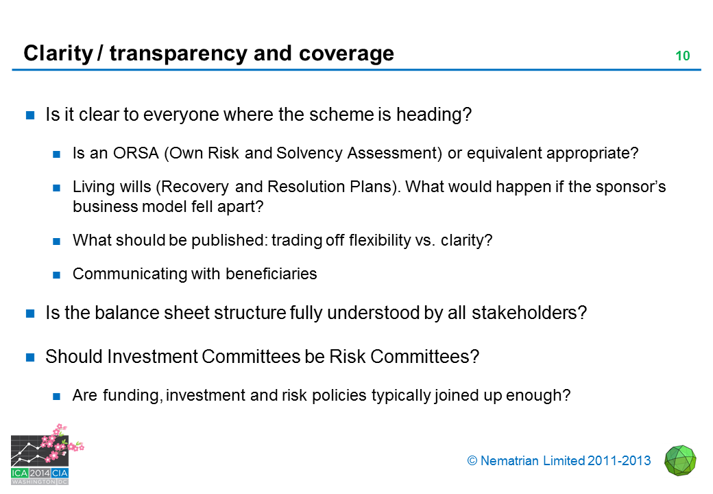 Bullet points include: Is it clear to everyone where the scheme is heading? Is an ORSA (Own Risk and Solvency Assessment) or equivalent appropriate? Living wills (Recovery and Resolution Plans). What would happen if the sponsor’s business model fell apart? What should be published: trading off flexibility vs. clarity? Communicating with beneficiaries. Is the balance sheet structure fully understood by all stakeholders? Should Investment Committees be Risk Committees? Are funding, investment and risk policies typically joined up enough?