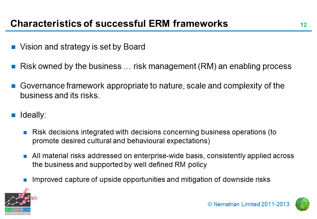 Bullet points include: Vision and strategy is set by Board. Risk owned by the business … risk management (RM) an enabling process. Governance framework appropriate to nature, scale and complexity of the business and its risks. Ideally: Risk decisions integrated with decisions concerning business operations (to promote desired cultural and behavioural expectations). All material risks addressed on enterprise-wide basis, consistently applied across the business and supported by well defined RM policy. Improved capture of upside opportunities and mitigation of downside risks