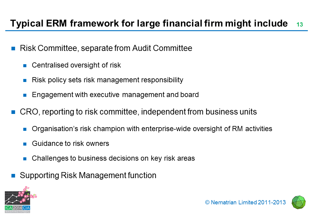 Bullet points include: Risk Committee, separate from Audit Committee. Centralised oversight of risk. Risk policy sets risk management responsibility. Engagement with executive management and board. CRO, reporting to risk committee, independent from business units. Organisation's risk champion with enterprise-wide oversight of RM activities. Guidance to risk owners. Challenges to business decisions on key risk areas. Supporting Risk Management function