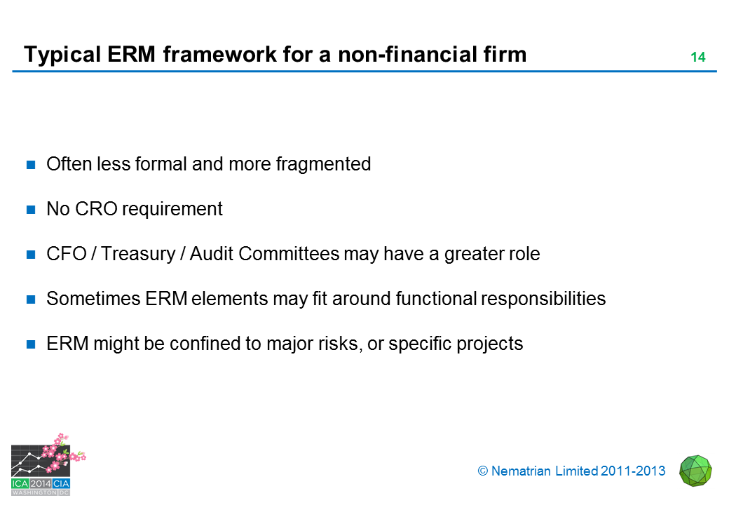 Bullet points include: Often less formal and more fragmented. No CRO requirement. CFO / Treasury / Audit Committees may have a greater role. Sometimes ERM elements may fit around functional responsibilities. ERM might be confined to major risks, or specific projects