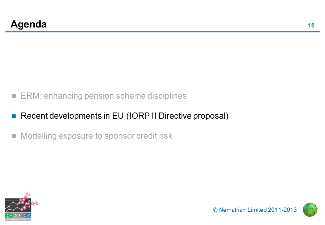 Bullet points include: Recent developments in EU (IORP II Directive proposal)