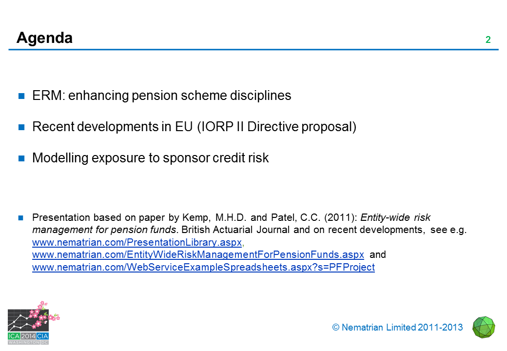 Bullet points include: ERM: enhancing pension scheme disciplines. Recent developments in EU (IORP II Directive proposal). Modelling exposure to sponsor credit risk. Presentation based on paper by Kemp, M.H.D. and Patel, C.C. (2011): Entity-wide risk management for pension funds. British Actuarial Journal and on recent developments, see e.g. www.nematrian.com/PresentationLibrary.aspx, www.nematrian.com/EntityWideRiskManagementForPensionFunds.aspx and www.nematrian.com/WebServiceExampleSpreadsheets.aspx?s=PFProject