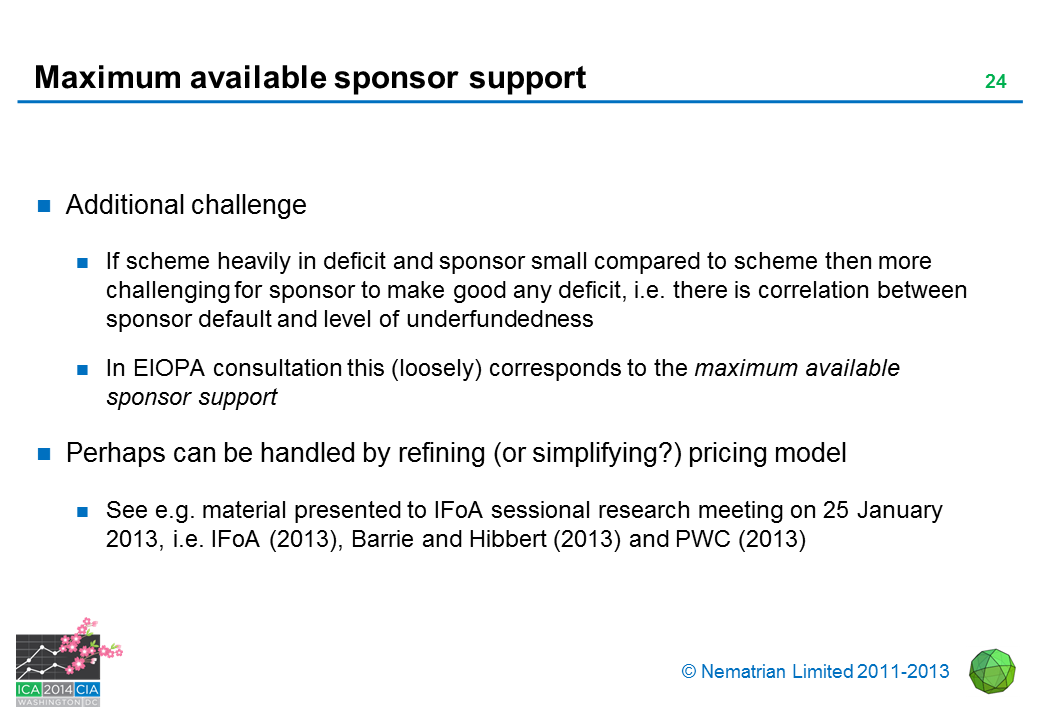 Bullet points include: Additional challenge. If scheme heavily in deficit and sponsor small compared to scheme then more challenging for sponsor to make good any deficit, i.e. there is correlation between sponsor default and level of underfundedness. In EIOPA consultation this (loosely) corresponds to the maximum available sponsor support. Perhaps can be handled by refining (or simplifying?) pricing model. See e.g. material presented to IFoA sessional research meeting on 25 January 2013, i.e. IFoA (2013), Barrie and Hibbert (2013) and PWC (2013)