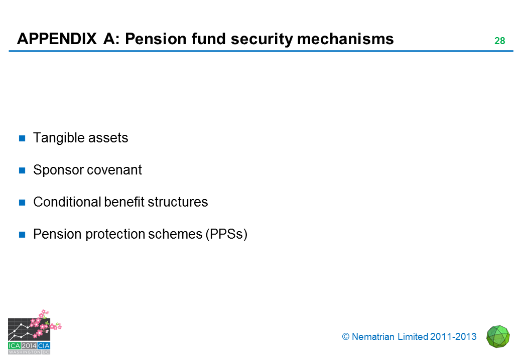 Bullet points include: Tangible assets. Sponsor covenant. Conditional benefit structures. Pension protection schemes (PPSs)
