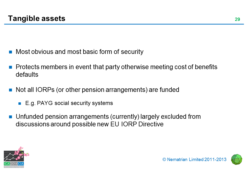 Bullet points include: Most obvious and most basic form of security. Protects members in event that party otherwise meeting cost of benefits defaults. Not all IORPs (or other pension arrangements) are funded E.g. PAYG social security systems. Unfunded pension arrangements (currently) largely excluded from discussions around possible new EU IORP Directive