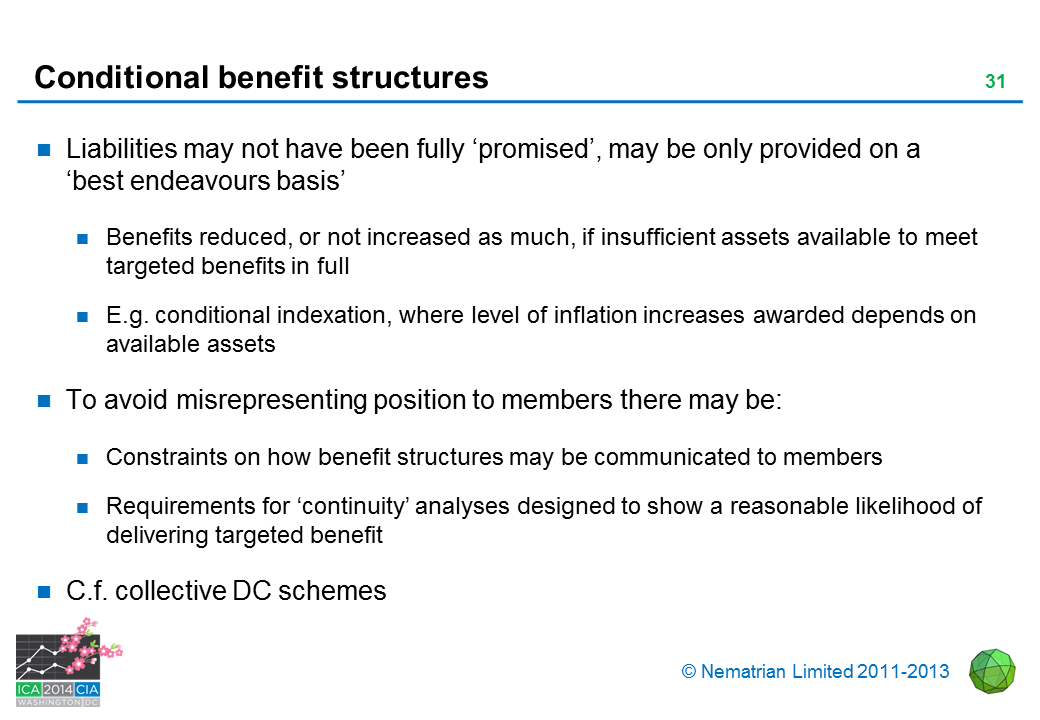 Bullet points include: Liabilities may not have been fully ‘promised’, may be only provided on a ‘best endeavours basis’. Benefits reduced, or not increased as much, if insufficient assets available to meet targeted benefits in full. E.g. conditional indexation, where level of inflation increases awarded depends on available assets. To avoid misrepresenting position to members there may be: Constraints on how benefit structures may be communicated to members. Requirements for ‘continuity’ analyses designed to show a reasonable likelihood of delivering targeted benefit. C.f. collective DC schemes