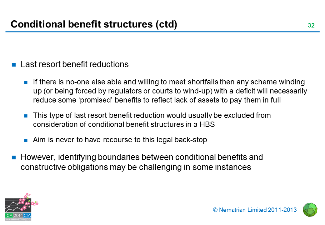 Bullet points include: Last resort benefit reductions. If there is no-one else able and willing to meet shortfalls then any scheme winding up (or being forced by regulators or courts to wind-up) with a deficit will necessarily reduce some ‘promised’ benefits to reflect lack of assets to pay them in full. This type of last resort benefit reduction would usually be excluded from consideration of conditional benefit structures in a HBS. Aim is never to have recourse to this legal back-stop. However, identifying boundaries between conditional benefits and constructive obligations may be challenging in some instances