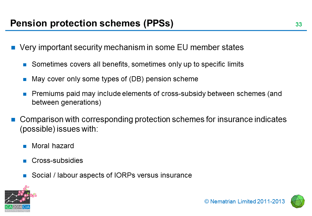 Bullet points include: Very important security mechanism in some EU member states. Sometimes covers all benefits, sometimes only up to specific limits. May cover only some types of (DB) pension scheme. Premiums paid may include elements of cross-subsidy between schemes (and between generations). Comparison with corresponding protection schemes for insurance indicates (possible) issues with: Moral hazard. Cross-subsidies. Social / labour aspects of IORPs versus insurance