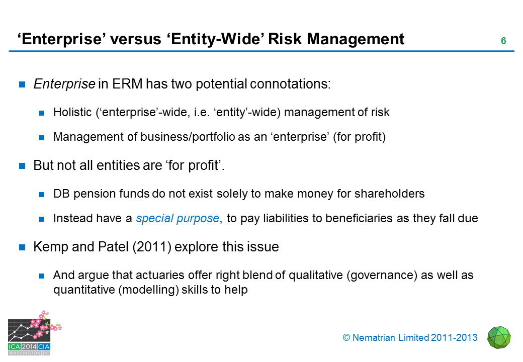 Bullet points include: Enterprise in ERM has two potential connotations: Holistic (‘enterprise’-wide, i.e. ‘entity’-wide) management of risk. Management of business/portfolio as an ‘enterprise’ (for profit). But not all entities are ‘for profit’. DB pension funds do not exist solely to make money for shareholders. Instead have a special purpose, to pay liabilities to beneficiaries as they fall due. Kemp and Patel (2011) explore this issue. And argue that actuaries offer right blend of qualitative (governance) as well as quantitative (modelling) skills to help