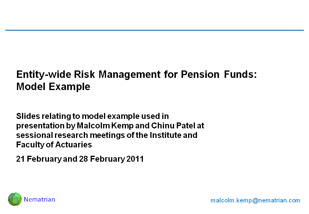 Bullet points include: Entity-wide Risk Management for Pension Funds. Slides relating to model example used in presentation by Malcolm Kemp and Chinu Patel at sessional research meetings of the Institute and Faculty of Actuaries. 21 February and 28 February 2011