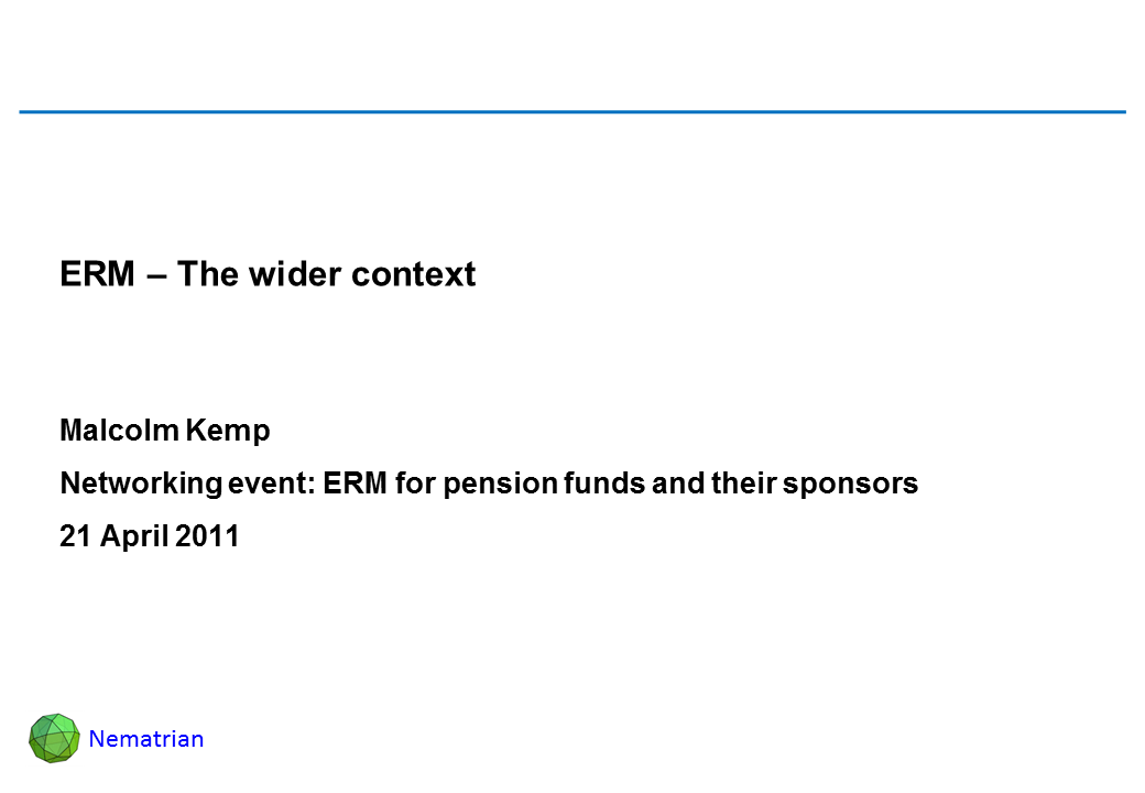Bullet points include: ERM – The wider context. Malcolm Kemp. Networking event: ERM for pension funds and their sponsors. 21 April 2011