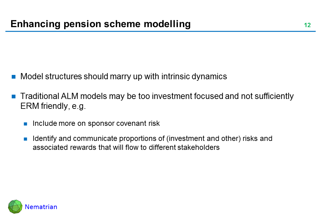 Bullet points include: Model structures should marry up with intrinsic dynamics. Traditional ALM models may be too investment focused and not sufficiently ERM friendly, e.g. Include more on sponsor covenant risk. Identify and communicate proportions of (investment and other) risks and associated rewards that will flow to different stakeholders