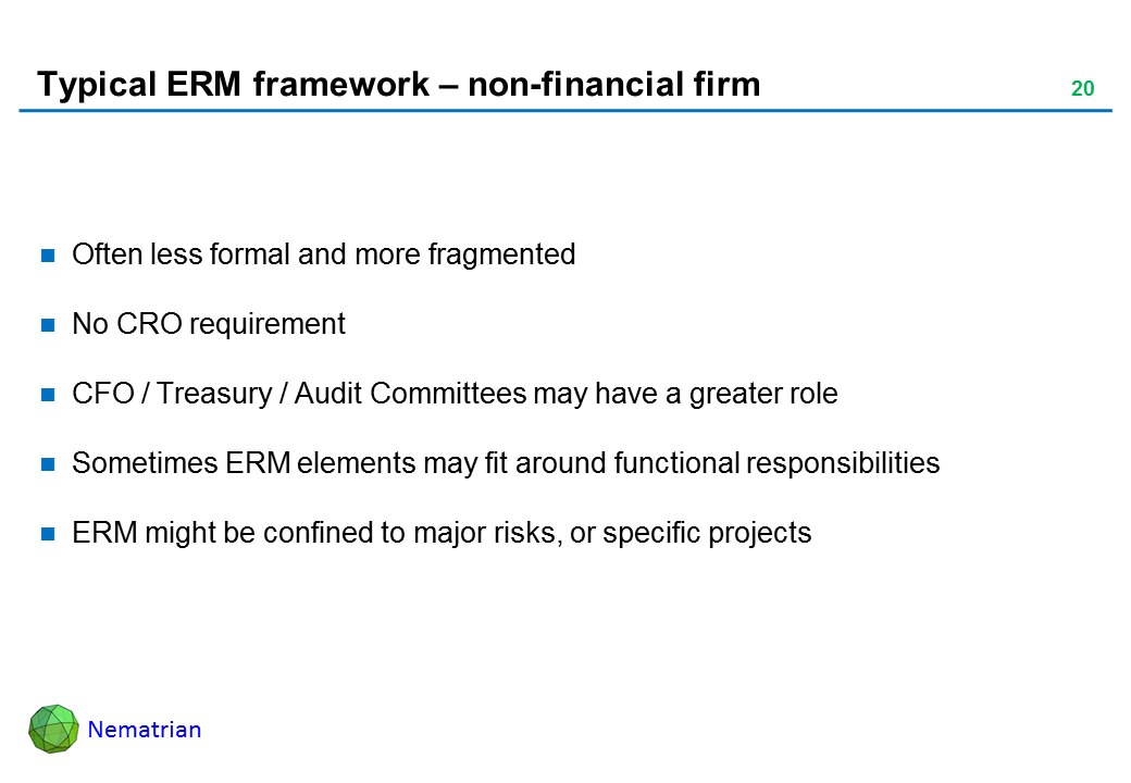 Bullet points include: Often less formal and more fragmented. No CRO requirement. CFO / Treasury / Audit Committees may have a greater role. Sometimes ERM elements may fit around functional responsibilities. ERM might be confined to major risks, or specific projects