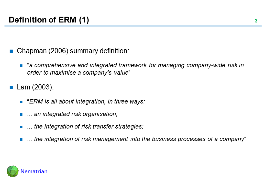 Bullet points include: Chapman (2006) summary definition: “a comprehensive and integrated framework for managing company-wide risk in order to maximise a company’s value”. Lam (2003): “ERM is all about integration, in three ways: ... an integrated risk organisation; ... the integration of risk transfer strategies; ... the integration of risk management into the business processes of a company”