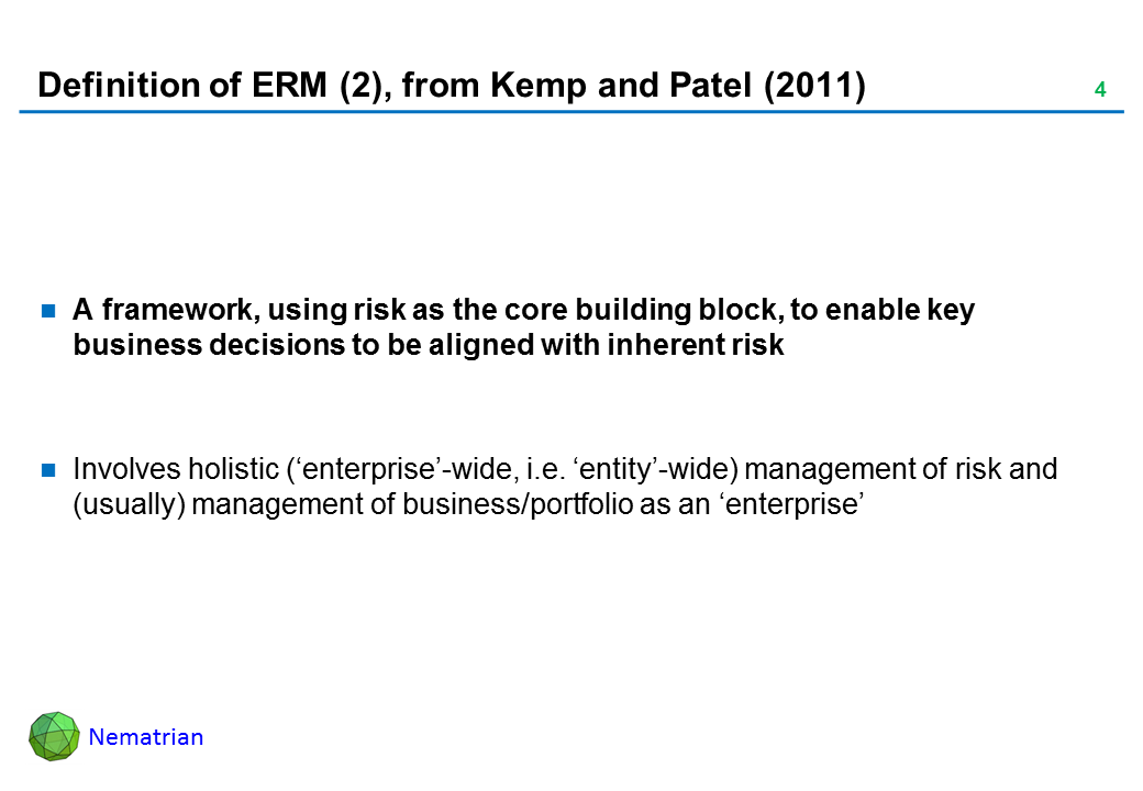 Bullet points include: A framework, using risk as the core building block, to enable key business decisions to be aligned with inherent risk. Involves holistic (‘enterprise’-wide, i.e. ‘entity’-wide) management of risk and (usually) management of business/portfolio as an ‘enterprise’