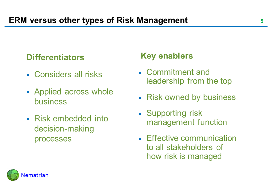 Bullet points include: Differentiators. Considers all risks. Applied across whole business. Risk embedded into decision-making processes. Key enablers. Commitment and leadership from the top. Risk owned by business. Supporting risk management function. Effective communication to all stakeholders of how risk is managed