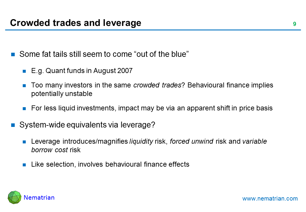 Bullet points include: Some fat tails still seem to come “out of the blue”. E.g. Quant funds in August 2007. Too many investors in the same crowded trades? Behavioural finance implies potentially unstable. For less liquid investments, impact may be via an apparent shift in price basis. System-wide equivalents via leverage? Leverage introduces/magnifies liquidity risk, forced unwind risk and variable borrow cost risk. Like selection, involves behavioural finance effects