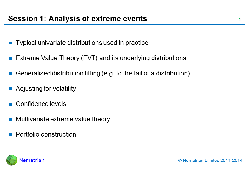 Bullet points include: Typical univariate distributions used in practice. Extreme Value Theory (EVT) and its underlying distributions. Generalised distribution fitting (e.g. to the tail of a distribution). Adjusting for volatility. Confidence levels. Multivariate extreme value theory. Portfolio construction