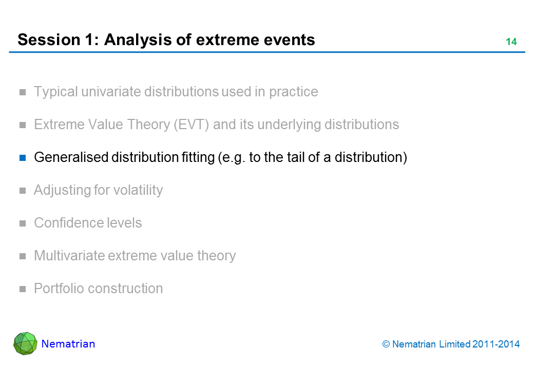Bullet points include: Generalised distribution fitting (e.g. to the tail of a distribution)